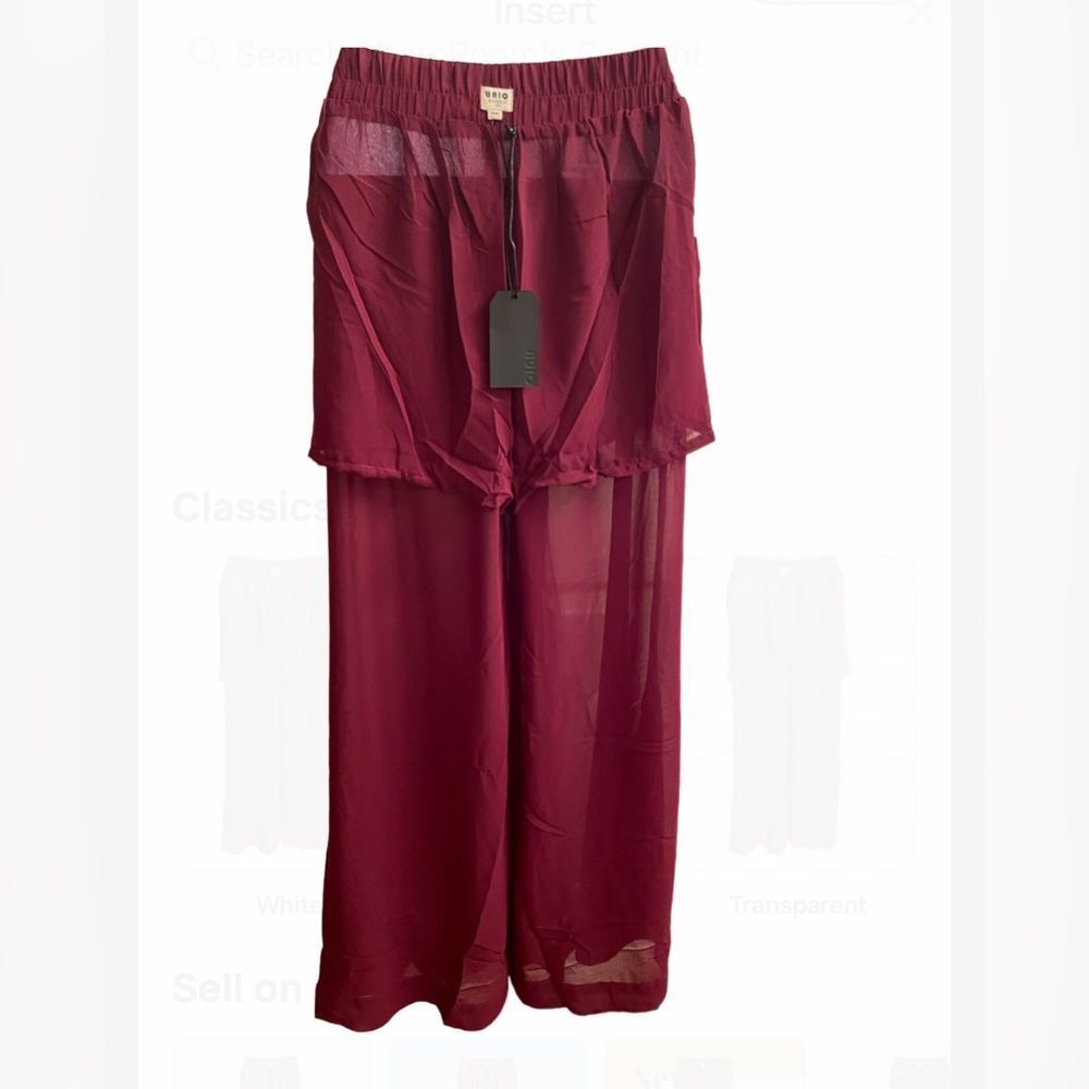 UNIQ Sheer Burgundy Pants with Built In Sheer Shorts Extra Wide Leg Elastic - Picture 5 of 6